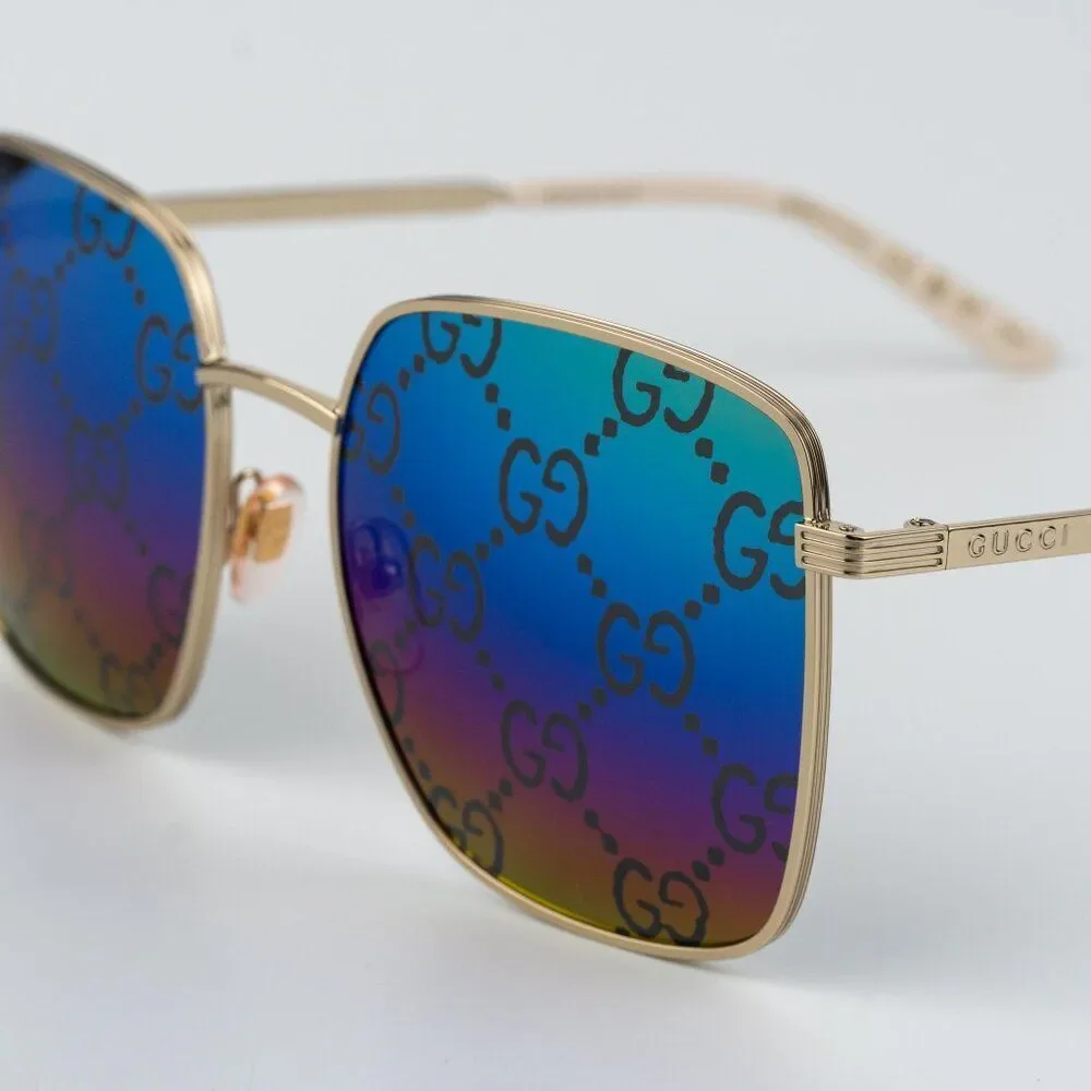 Gucci Men Sunglasses Gold Multicolor GG Pattern Mirror Square GG0802S 004